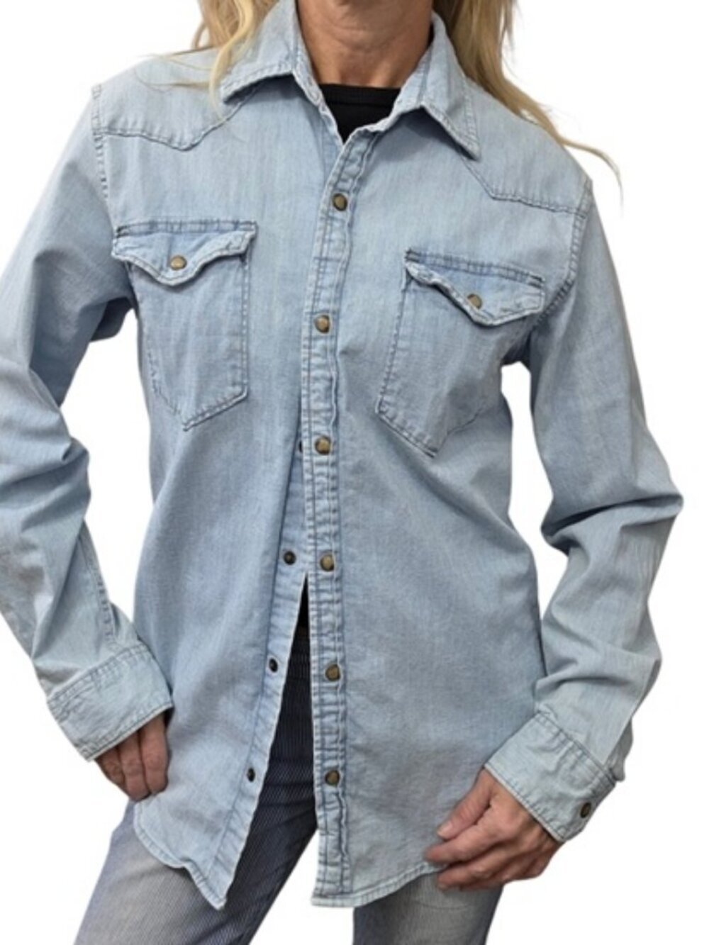 Wrangler Light Wash Denim Western Snap Shirt S Cotton Stretch Cowgirl